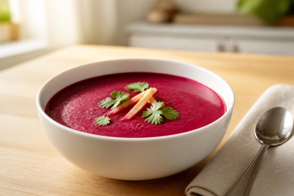 découvrez notre recette simple et savoureuse de velouté de betteraves rouges au gingembre, parfaite pour un repas riche en saveurs et en bienfaits.