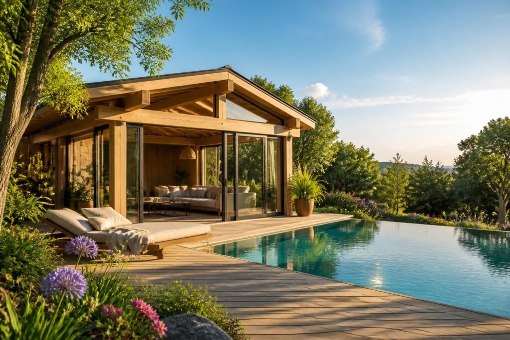 découvrez nos idées et conseils pour réussir la construction d'un pool house en bois autour de votre piscine, alliant esthétique et durabilité grâce à une ossature bois de qualité.