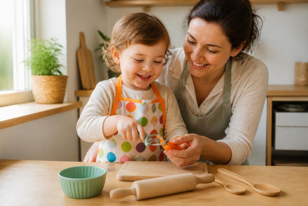découvrez notre sélection d'ustensiles de cuisine adaptés aux enfants selon la méthode montessori, accompagnée de conseils pratiques pour cuisiner en toute sécurité avec les tout-petits.