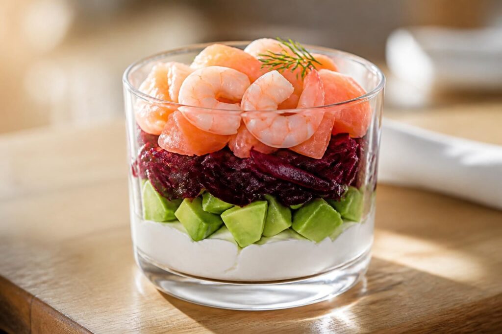 découvrez nos recettes originales de verrines au fromage frais, associant saumon, avocat, betterave et crevettes pour des apéritifs frais et savoureux.