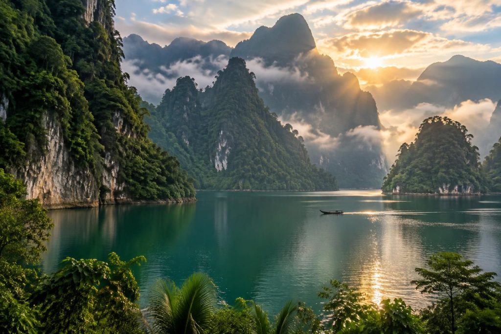 explorez le parc national de khao sok en thaïlande : jungle luxuriante, lac cheow lan, formations karstiques et faune exceptionnelle.