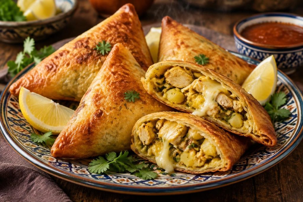 découvrez une recette marocaine de brick au poulet curry, garnie de fromage fondant et de pommes de terre : croustillante, savoureuse et facile à préparer.
