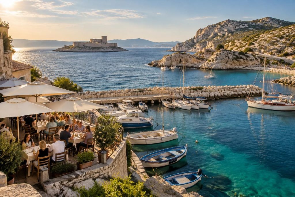 explorez le frioul, archipel emblématique de marseille : plages, restaurants, accès depuis le vieux-port et lieux liés au comte de monte-cristo.